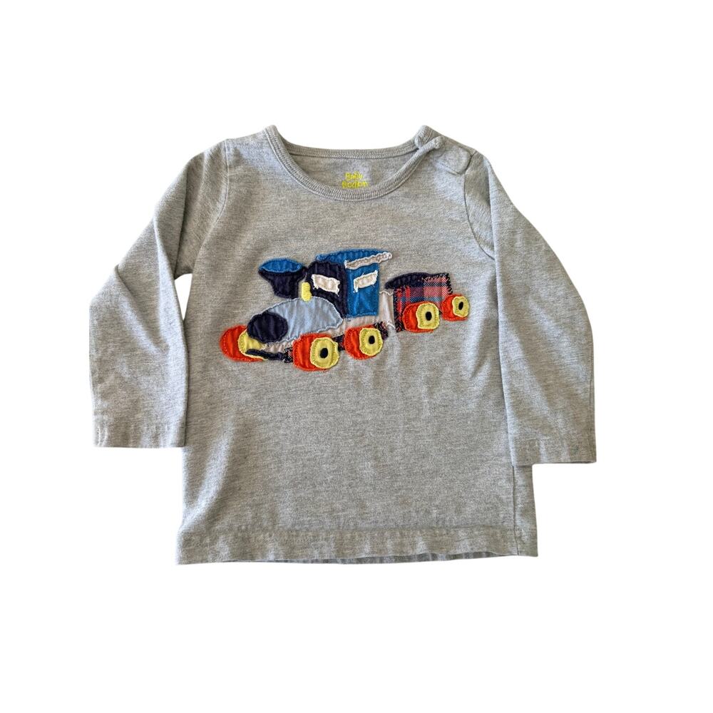Baby Boden Gray Long Sleeve T-Shirt - Train appliqué, Boys 6-12 months